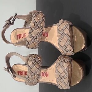 True Religion Tan Wedge Sandals with Braided Design